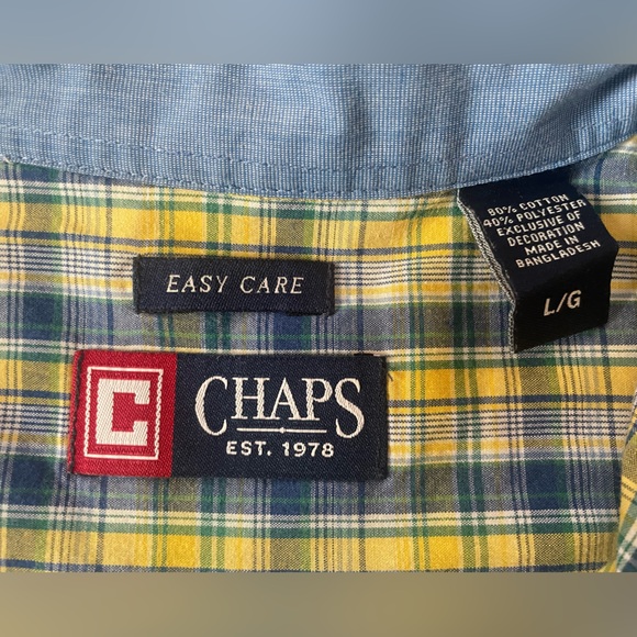 Chaps Men’s Plaid BU LSV Shirt Yellow Blue Size Large 60% Cotton 40% Polyester - Picture 3 of 4